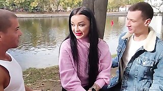 Sweetie in black nylons Daphne Klyde rammed by two huge dicks