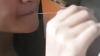 Delia Sugar makes risky blowjob in the storage room