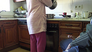 CFNM - Horny MILF Swallows His Cum After Masturbating