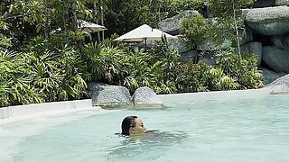 Monika Fox In Blue Bikini Swims In Pool In Paradise Place