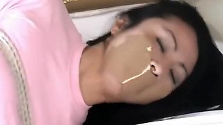 Japanese hottie bound and gagged on the bed (2 sets)