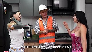 Hot Latina Friends Seduce Handsome Engineer for Wild Threesome Movie Night Fuck