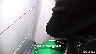 Sex in the toilet with a dick-swallowing brunette Samantha Joons