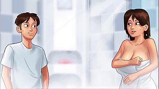 Naughty gamer gets a blowjob from big tits mom in the bathroom
