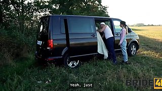 Bride fucks a really big cock of a driver and his assistant