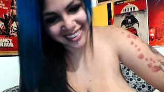 Busty curly brunette with big boobs fucks on couch