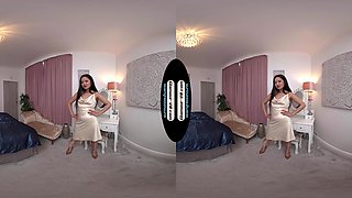 Louisa Lu Cream/Beige Satin Dress With Tan Glossy Tights/Pantyhose Joi - 8k Vr