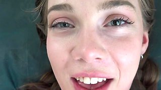 Adorable girl masturbates and uses her feet to get him hard