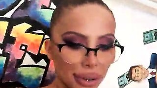 Busty curly brunette with big boobs fucks on couch
