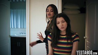 Evil darkhaired babe steals stepsisters 18-years-old GF