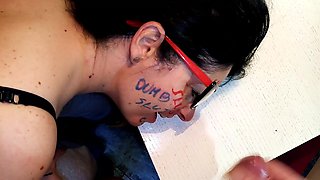 Dumb Bitch with Body Writing Taking Cock Slap, Spitting and Cum
