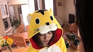 Subtitled POV Japanese blowjob cosplay in the kitchen