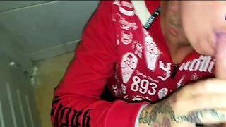 Tattooed milf fucks wild sexy cat in the toilet