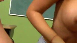 Hot blondes seducing a teacher into fucking them in the empty classroom