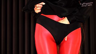 896 Shiny Red Pantyhose and Black Silk Dress
