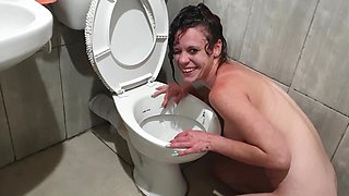 Human Toilet Slut Pisses on Her Own Face While Head in Toilet Lick Pee up