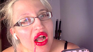 Cuckold Private Cam Worship - Goddess in Thick Eyeglasses, Wet Lips and Tongue Deep-throating Dildo While Teasing Tits for Cuck