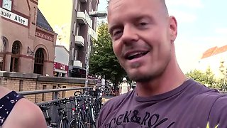 Pierced blonde babe cockriding in public