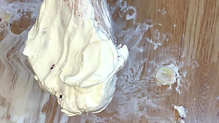 Playing with whipped cream and fruit with my naked feet