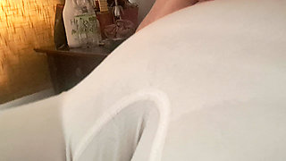 The Line of the MILF's Vagina Is Marked in Her Panties