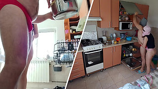 Crazy amateur couple having fun in the kitchen