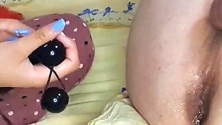 Anal Training for My Hubby. Femdom Huge Anal Beads & Handjob