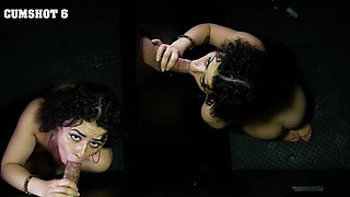 Curly haired babe Robbin Rose on her knees sucking a stranger