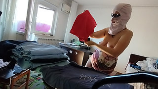 Amateur wife doing housework naked. Sexy and naughty wife trying on clothes that she cuts herself.