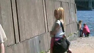 Fantastic and slutty blonde Russian girl shows her goodies in public places