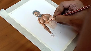 Erotic Art Or Drawing of A Muscular Indian Desi Man exhibition his Big Black Cock outdoors among the Grasses