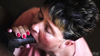 DRIPDROP: Short haired GILF sucks with cum dripping off her face!!