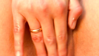 Close up Cowgirl fucks Dildo wet shaved Pussy, Cum and Peeing a Lot