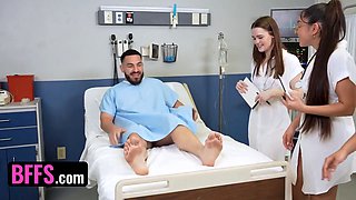 3 hot doctors take turns juggling up and down on lucky patient's knob