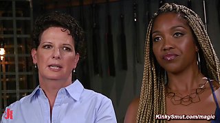 Ebony lezdom butt fucking fucks white cougar in bondage