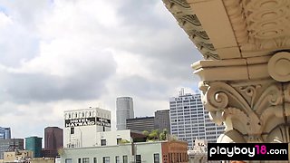 Steamy red teenage presented her massive breasts