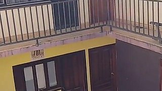 Blowjob and swallow in the sunshine on the balcony