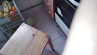 Sexy mom makes breakfast, hairy pussy, big tits