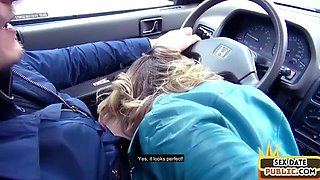 Horny bitch deepthroating 2 cocks in car