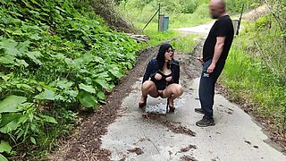 Hot MILF, Big Tits in Bondage, Red Heels, Collar and Leash, Pissing on Leash, Piss on Face