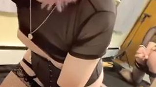 Sissy cums in chastity and licks it all up