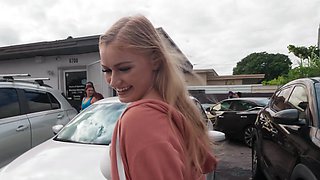 Smiley blonde babe Mckenzie Mae masturbates and fucks in the car