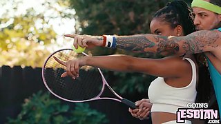 Horny ebony lesbians pleasing each other