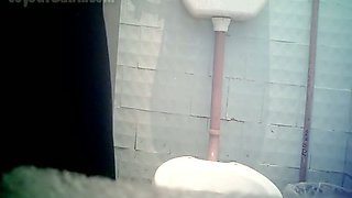 Brunette stranger lady in the toilet room pisses on hidden cam