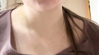 Busty curly brunette with big boobs fucks on couch