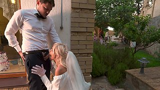 Slender blonde babe fucks with the best man on her wedding day