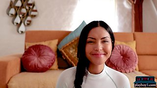 Petite Asian mommy doing yoga and strips