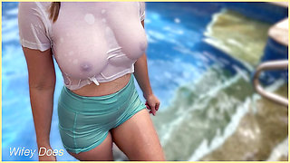 Wifey wet shirt in the pool with perfect braless tits