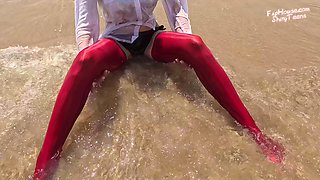 859 Shiny Red Spandex Stockings on the Beach 2