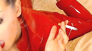 Smoking Fetish with Red Pvc Catsuit