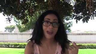 Flashing big tit Latina gags on cock